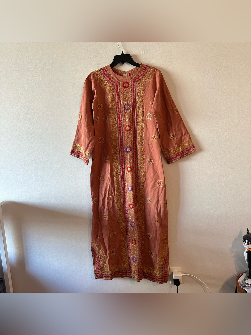 Vintage Handmade 60s 70s Embroidered Cotton Canvas Orange Kaftan Tunic Dress S?